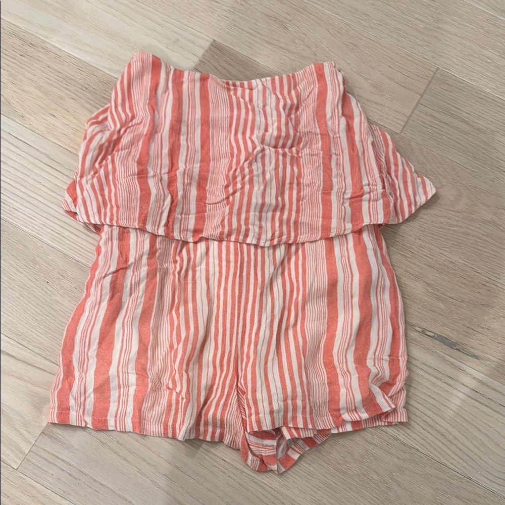MINKPINK pink / red and white striped ocean side strapless romper XS